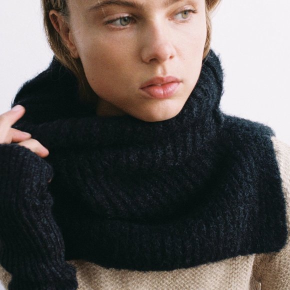 ZARA KNIT‎ BIB WOOL ALPACA WINTER COLLAR PULL ON MOHAIR SCARF ANTHRACITE - Picture 2 of 8